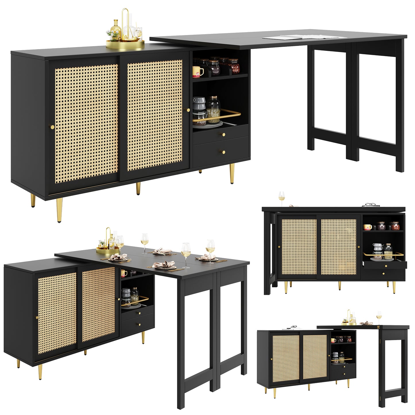 360 Rotating Bar Table  Main Body 107 X 40 X 71.4 Cm , Black Extendable Design Bar Table, Storage Cabinet With Rattan Door  Open Storage Shelf, Suitable For Kitchen And Dining Room