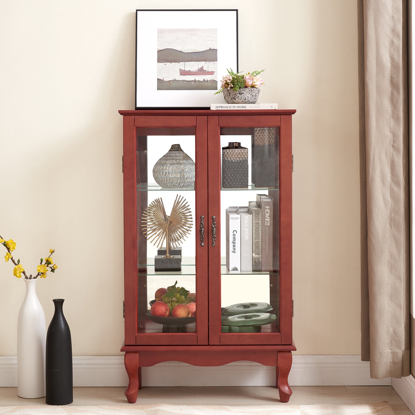 2 Doors Curio Cabinet With Tempered Glass Doors, Curio Cabinets With Mirrored Back Panel And Adjustable Shelves, Lighted Display Cabinet For Home, Office Light Bulb Included Cherry