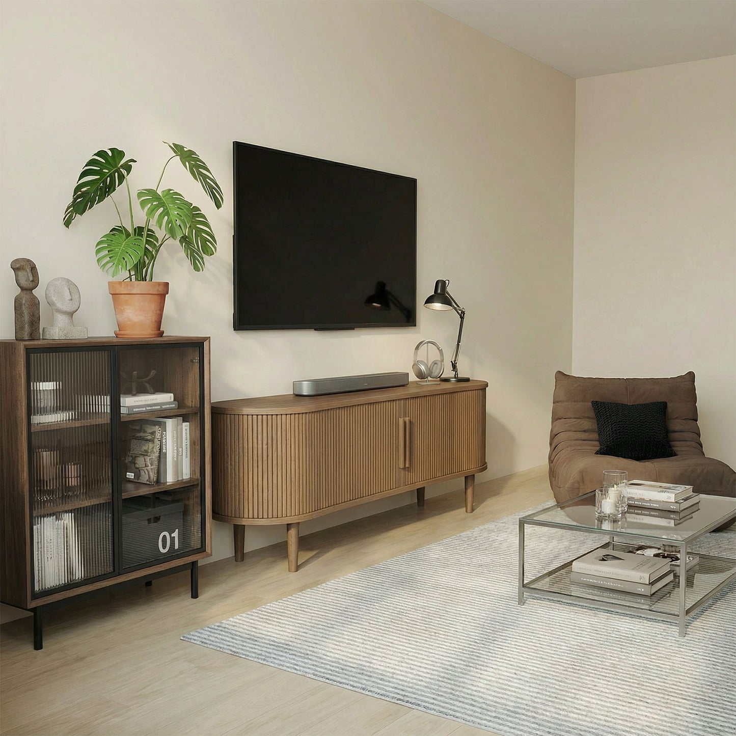63in Fluted TV Stand Modern Media Console Table Entertainment Center With Sliding Door And Solid Wood Legs For Living Room Bedroom Office