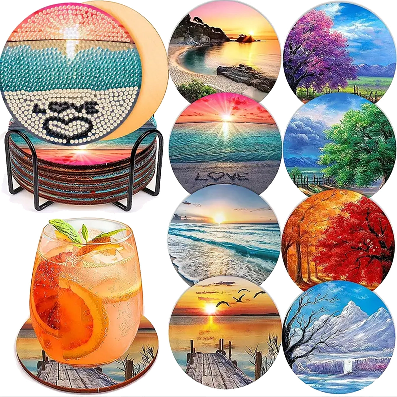Diamond Art Drawing Coaster With Bracket, DIY Landscape Pattern Diamond Art Coaster, Suitable For Adults And Beginners Diamond Drawing Kit, Diamond Kit Craft Supplies, Exquisite Gifts For Friends
