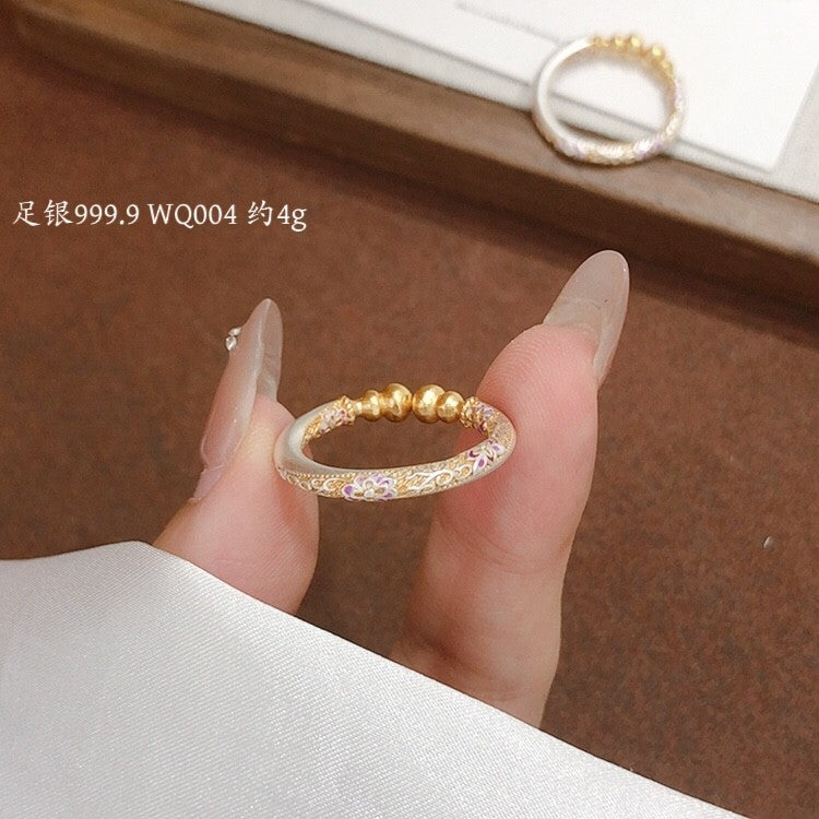 9999 Fine Silver Gourd Ring, Solid Adjustable Gold-rim Sakura Chinese Style Ring, Gift For Her