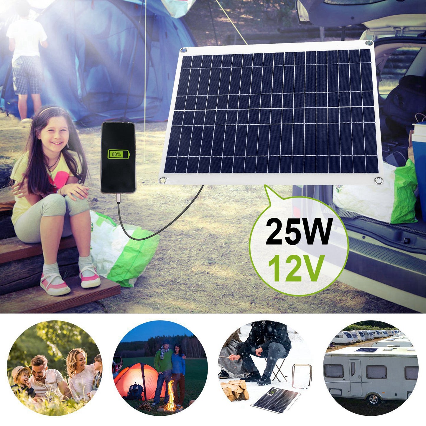 1Pc Outdoor Solar Panel 12V 25W Car Battery Charger IP68 Waterproof With 3.0A Dual USB Charging Clip Line For RV Car Boat