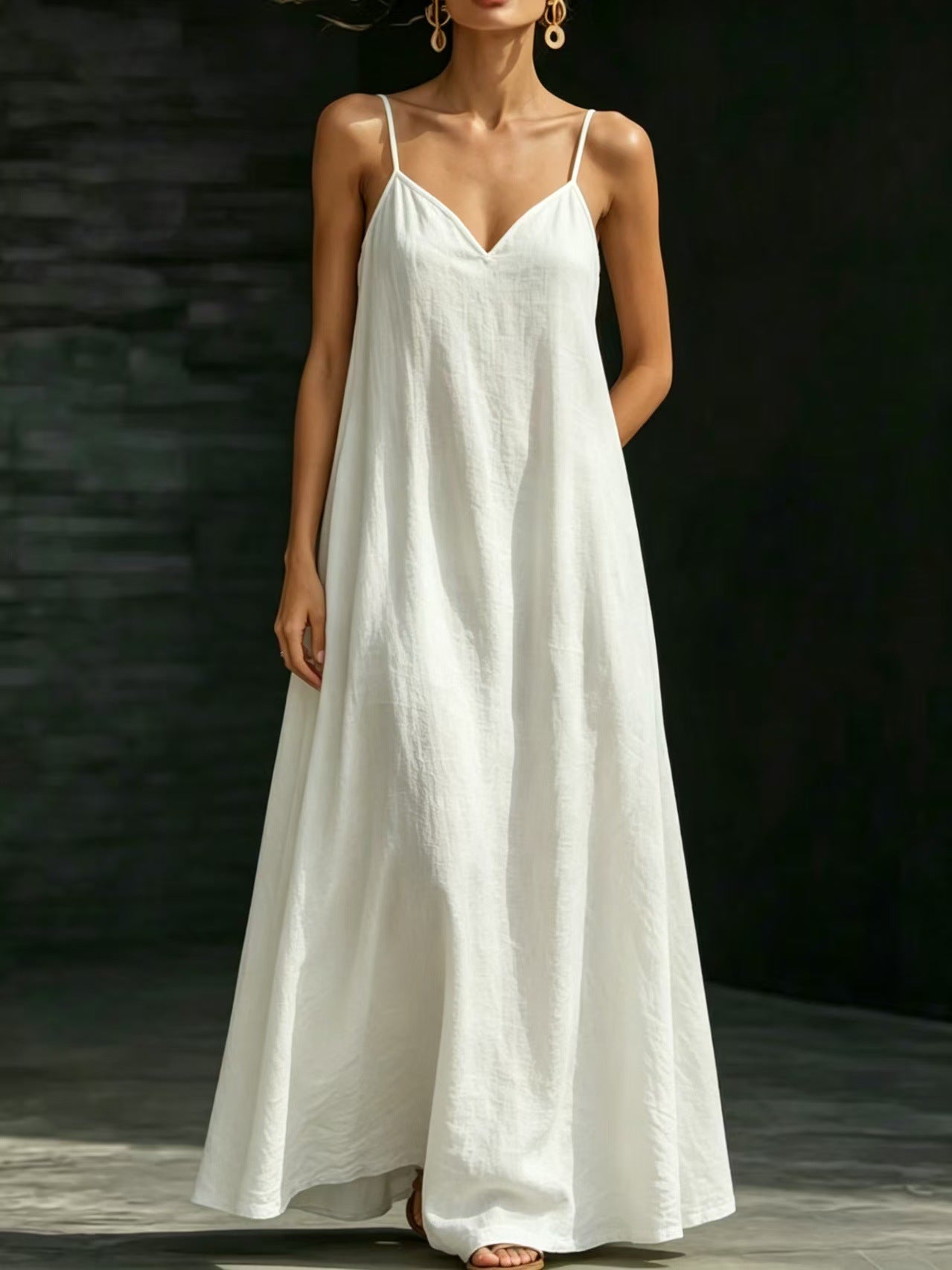 Summer V-Neck Spaghetti Strap Flowy Maxi Dress - Casual Fashion Solid Color Long Dress For Women Vaction Dress