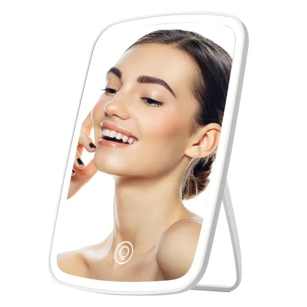 5.98x8.62in Lighted Makeup Mirror Vanity Desk Mirror Small LED Mirror With 3 Light Colors Touch Screen Brightness Adjustable USB Rechargeable