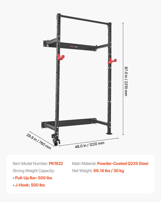 Folding Power Cage, Wall-Mounted Power Rack Squat Rack, Multifunctional Strength Training Workout Equipment With Landmine Holder, Adjustable J-Hooks & Pull-Up Bar For Home Gym, 1000LBS Capacity