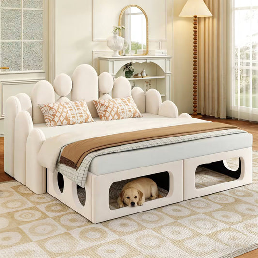 Upholstered Sofa Bed With Pet Bed, 2-in-1 Multifunctional Upholstered Bed 180x200cm, Upholstered Bed With Soft Velvet Fabric, Slatted Base And Backrest, Beige.