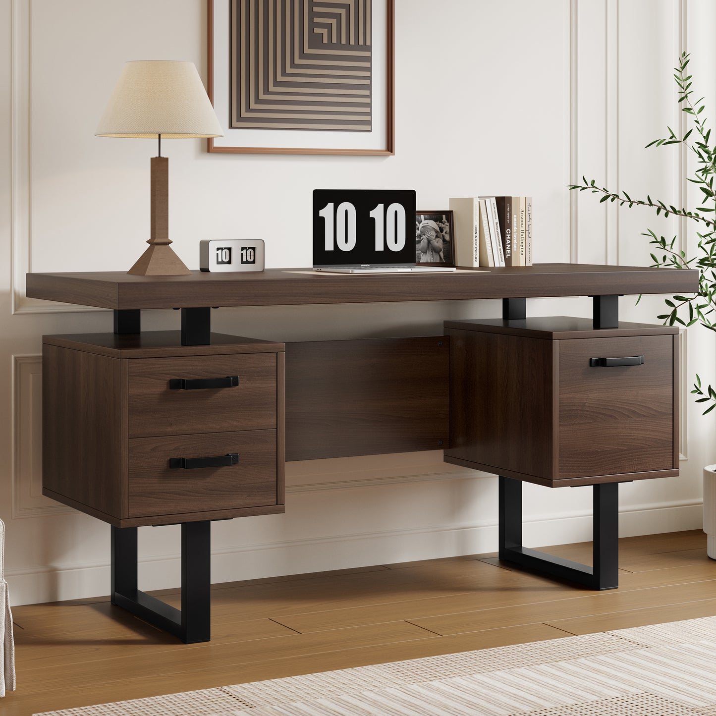135 X 54 Cm Simple Office Desk, MDF And High Quality Steel Tube, Noiseless Drawer, Folder Drawer, Splash-proof Spacious Desk Top, Efficient Storage, Brown