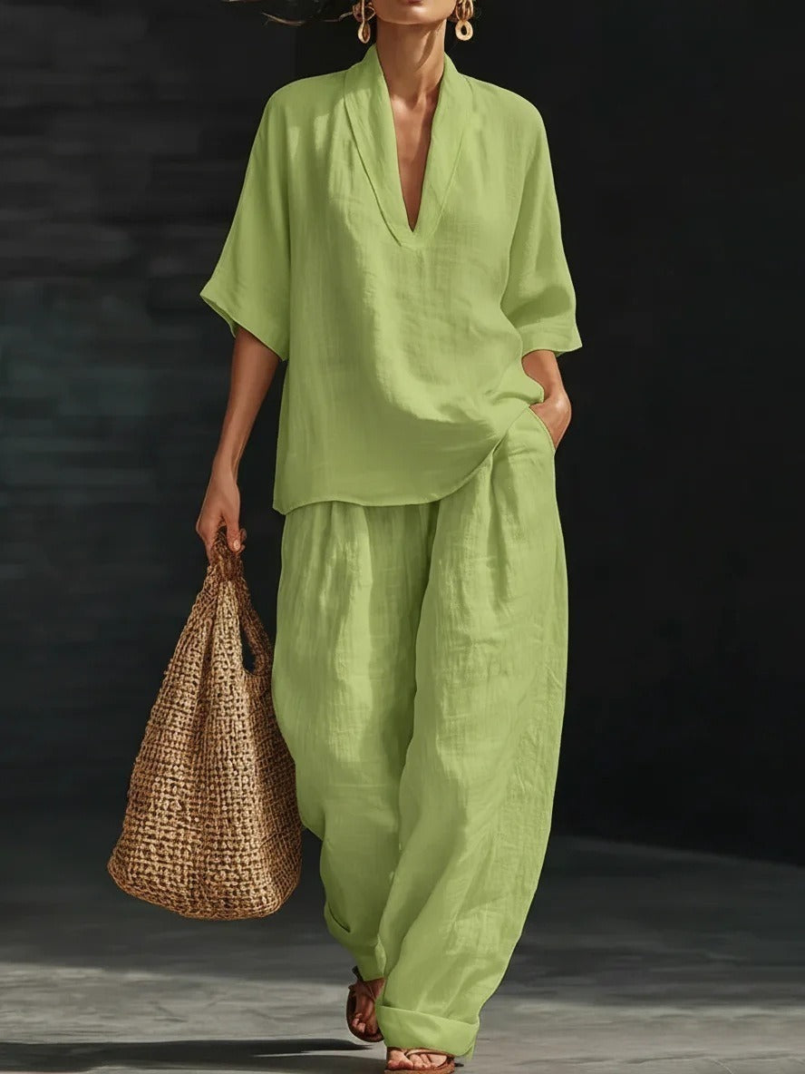 2026 Hot Sale Spring Summer Women's Set, Fashion V-Neck Short Sleeve Loose Top With Pocket Pants