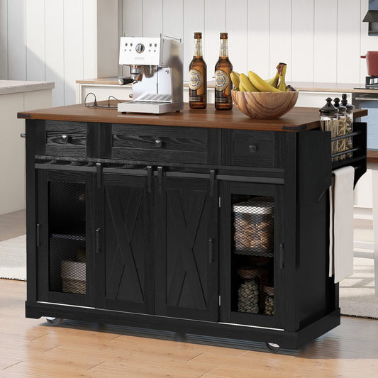K&K 58 Farmhouse Kitchen Island With Storage,Sliding Barn Door & Metal Grid Side Door,Rolling Kitchen Island On 5 Wheels With Spice Rack, Glass Holders,Island Table With Drop Leaf For Kitchen,Black