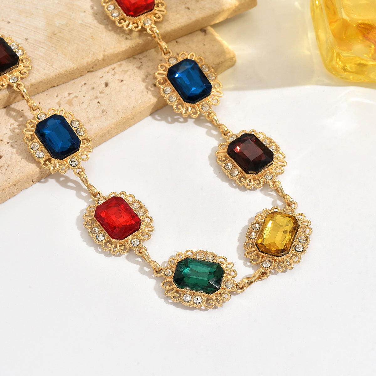French Retro Palace-Style Colorful Crystal Geometric Waist Chain, Fashionable Niche High-End Sweet And Exaggerated Body Chain For Women