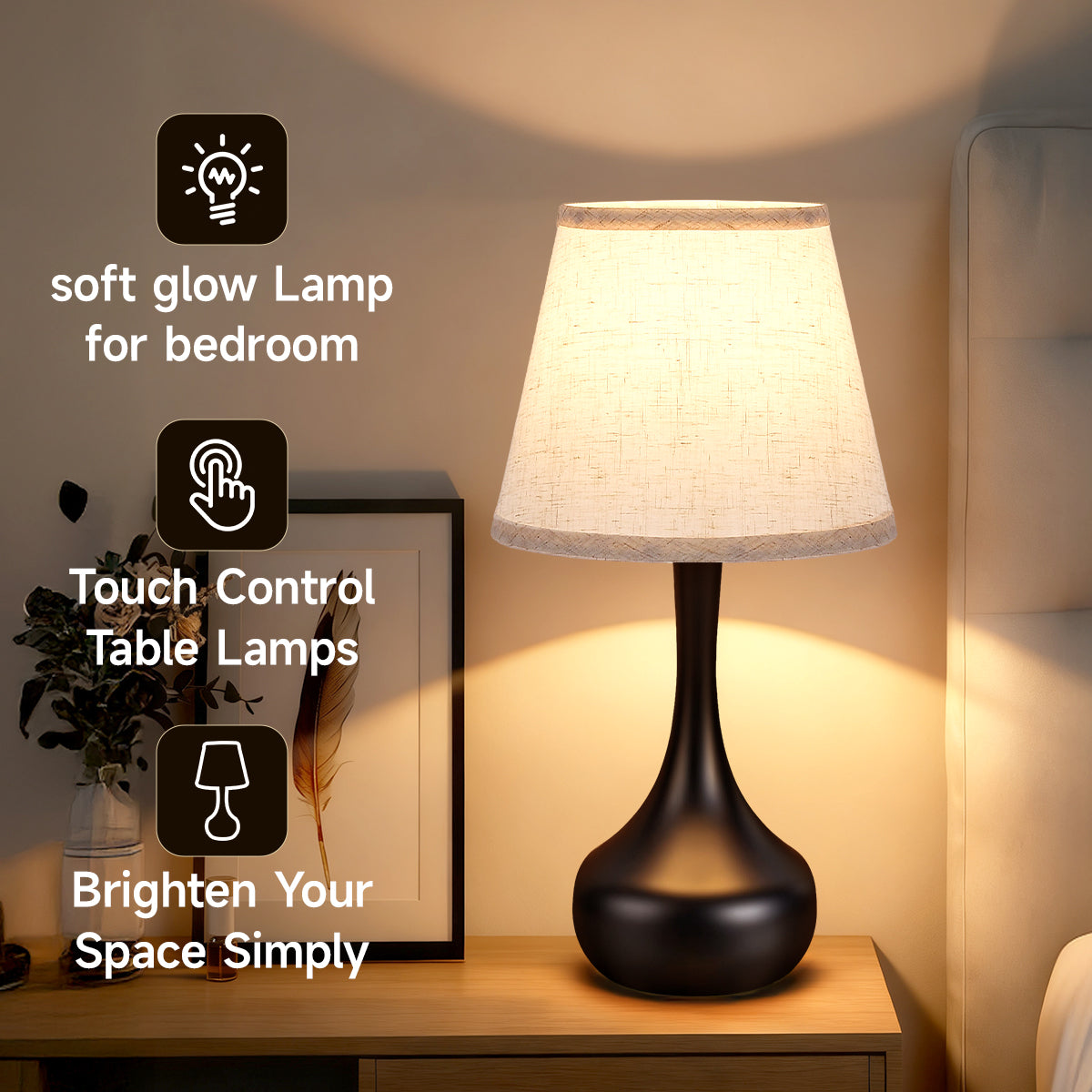 3-Way Dimmable Set Of 2 Small Bedside Lamps For Night Stands, Black Desk Lamps For Kids Room,Office,Living Room, End Table LED Bulbs Included