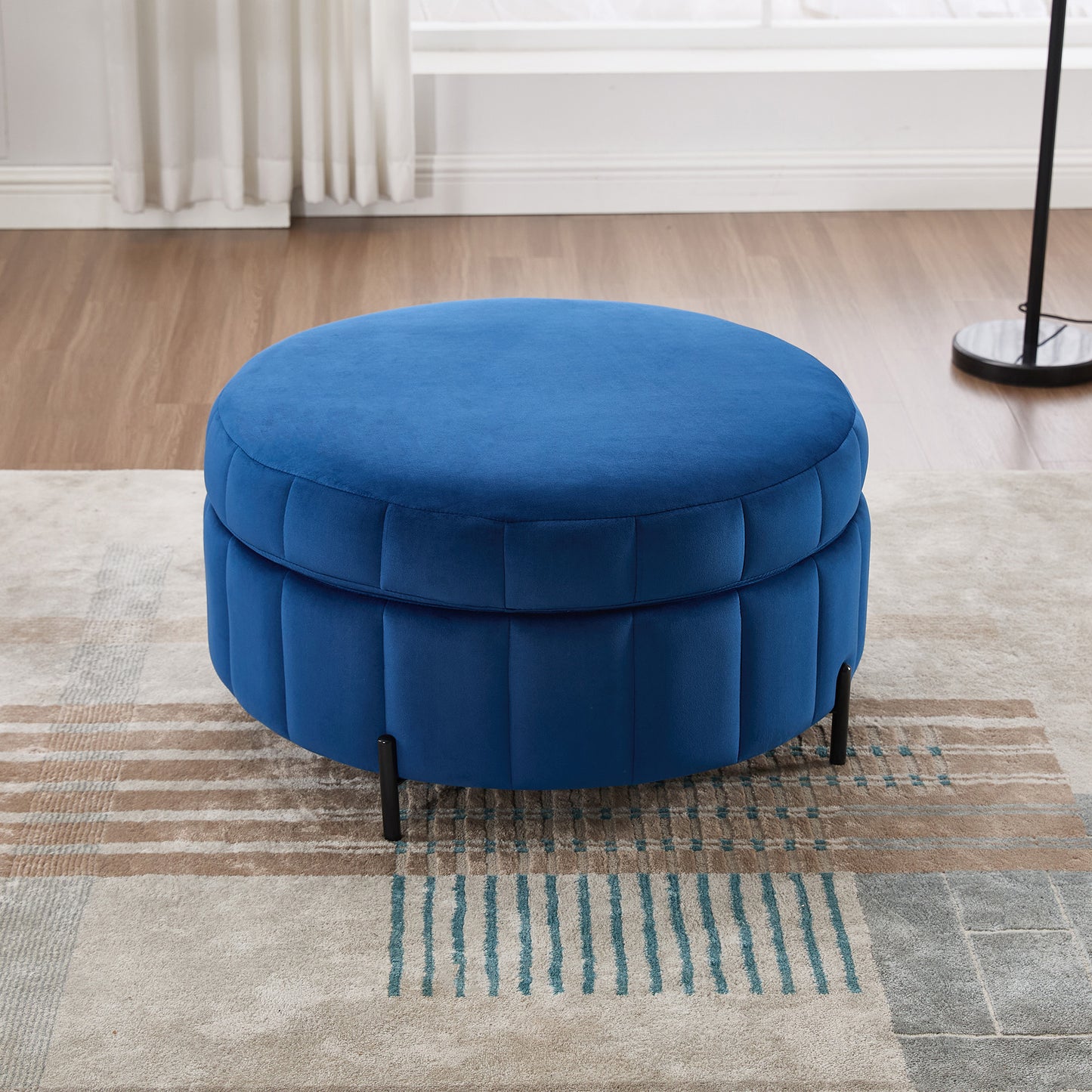 31.5 W Upholstered Round Ottoman With Reversible Lid, Velvet Storage Stool, Channel Tufted Pumpkin-shape Footstool For Living Room, Bedroom And Office, Navy