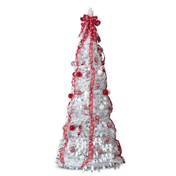 6 FT Fully Decorated Pre-lit Christmas Tree, Pop Up Artificial Xmas Tree With 100 Warm Lights And Red Ornaments For Home Office Store Holiday Deco, White