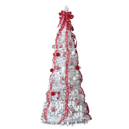 6 FT Fully Decorated Pre-lit Christmas Tree, Pop Up Artificial Xmas Tree With 100 Warm Lights And Red Ornaments For Home Office Store Holiday Deco, White