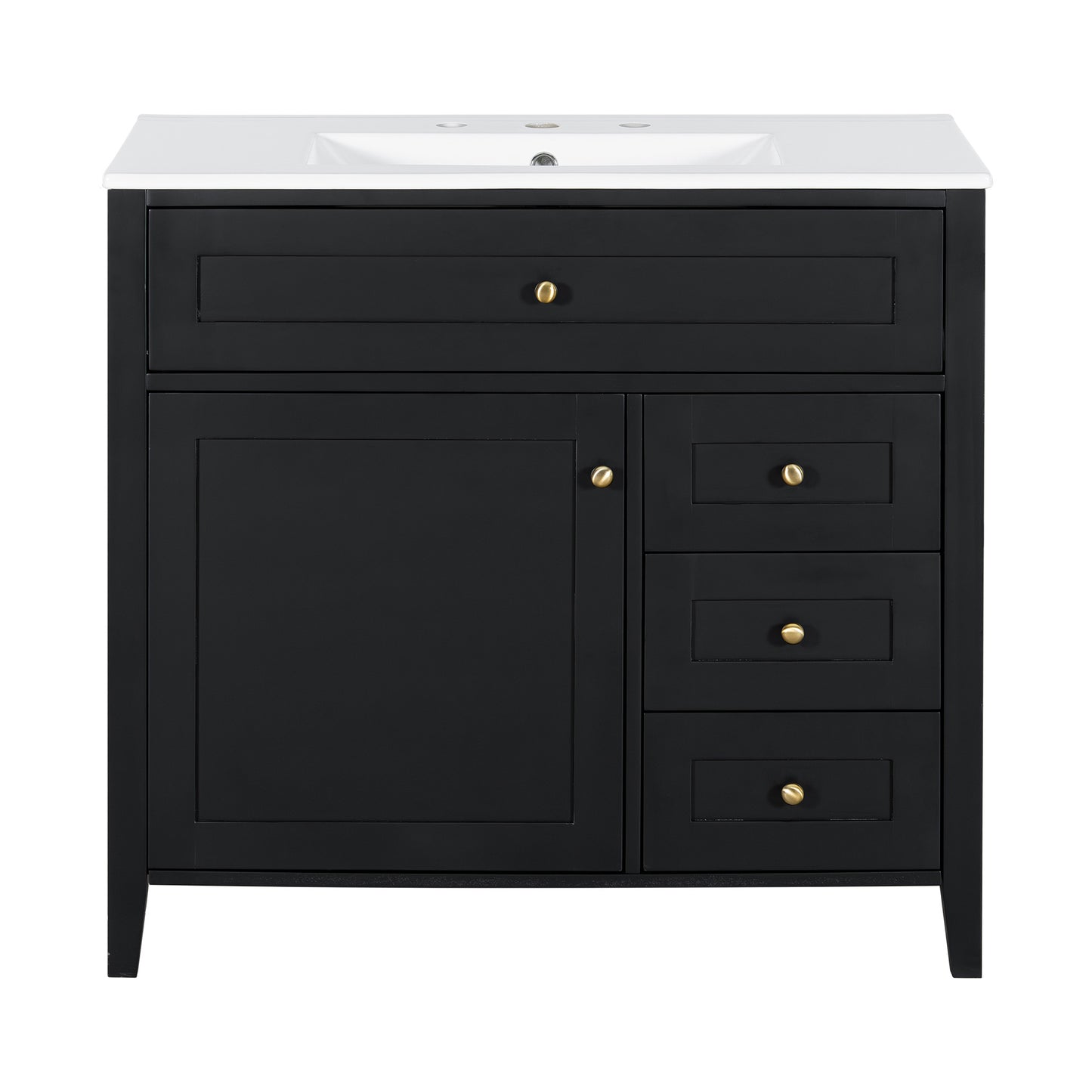 36-Inch Black Bathroom Vanity With Sink, Modern MDF And Rubberwood Cabinet With 3 Drawers And Adjustable Shelf, Freestanding Vanity For Bathroom Storage And Organization Left Door