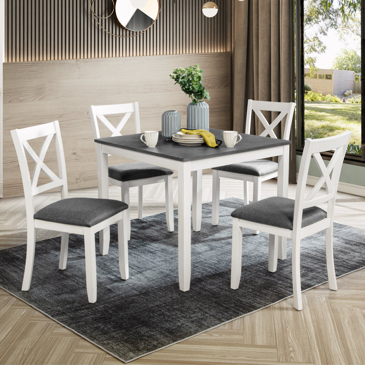 5-Piece Dining Table Set with 4 Chairs, Modern Wood Dining Table Set for 4,  4-Person Dining Table Set for Small Place, Kitchen, Dining Room, Grey & White two tone