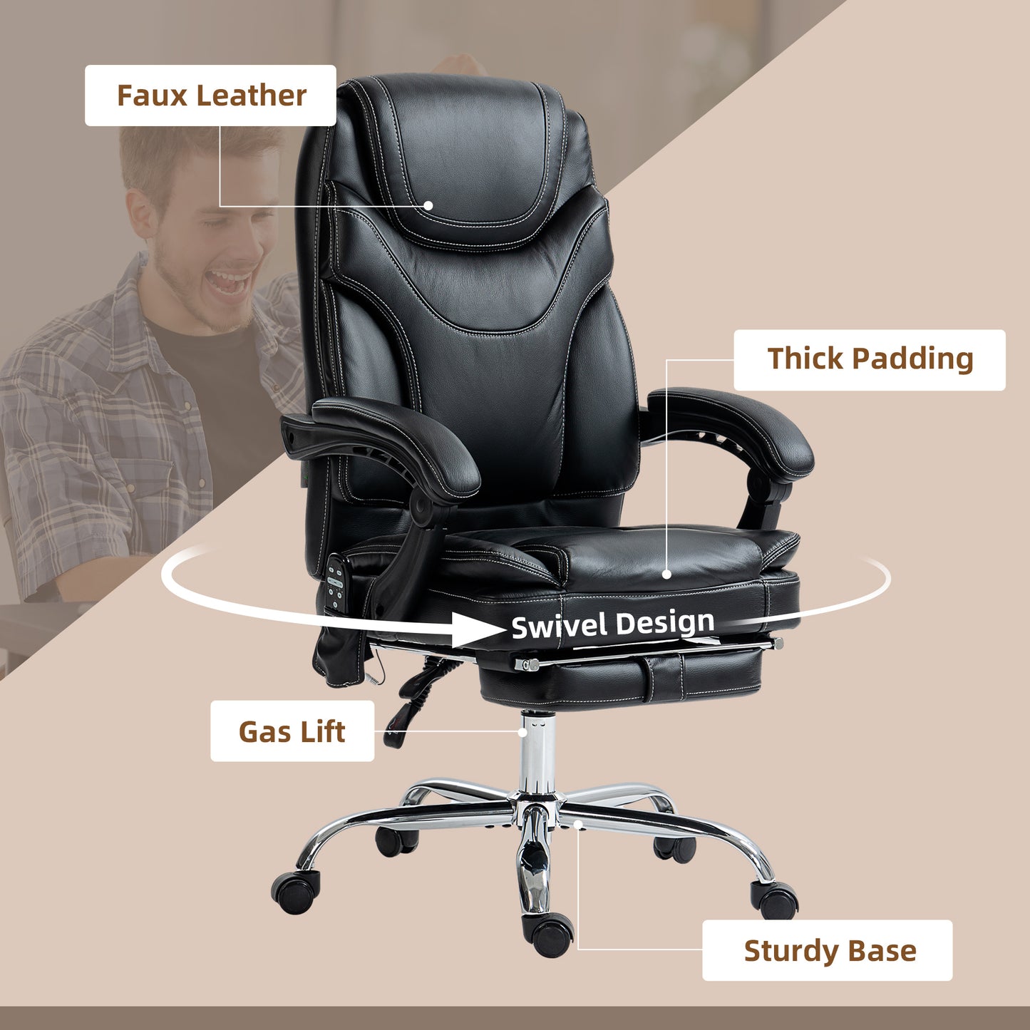 6 Point Vibration Massage Office Chair, PU Leather Heated Reclining Computer Chair with Footrest, Black