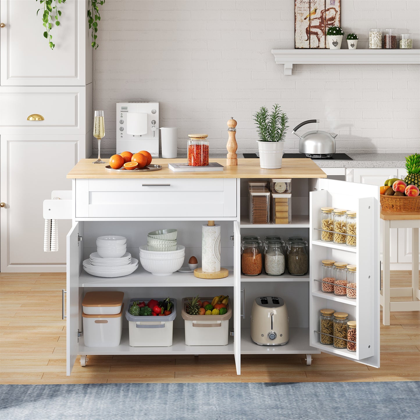N635P21858284D 132.5X44X90cm Large Mobile Kitchen Table, Foldable Countertop, Oak Grain, Multifunctional Cabinet, Spice Rack, Towel Rack, 5 Wheels, Suitable For Kitchen Dining Home