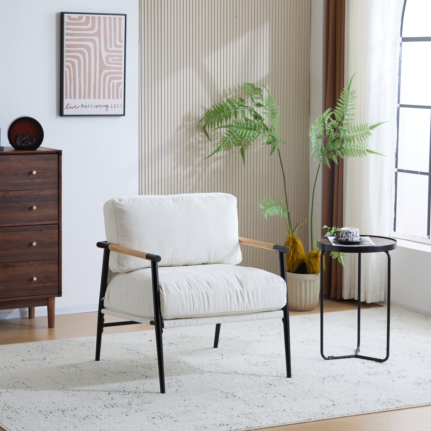 27.56  Modern Accent Chair With Plush Cushions, Minimalist Metal Frame, And Wooden Armrest Design -Perfect For Cozy Living Room, Bedroom, Or Office Seating