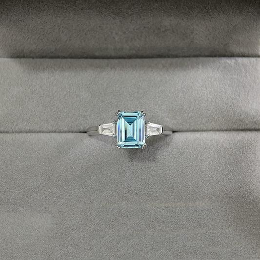 S925 Sterling Silver Aquamarine Fashion Sugar-cube Small Diamond Ring Womens Jewelry