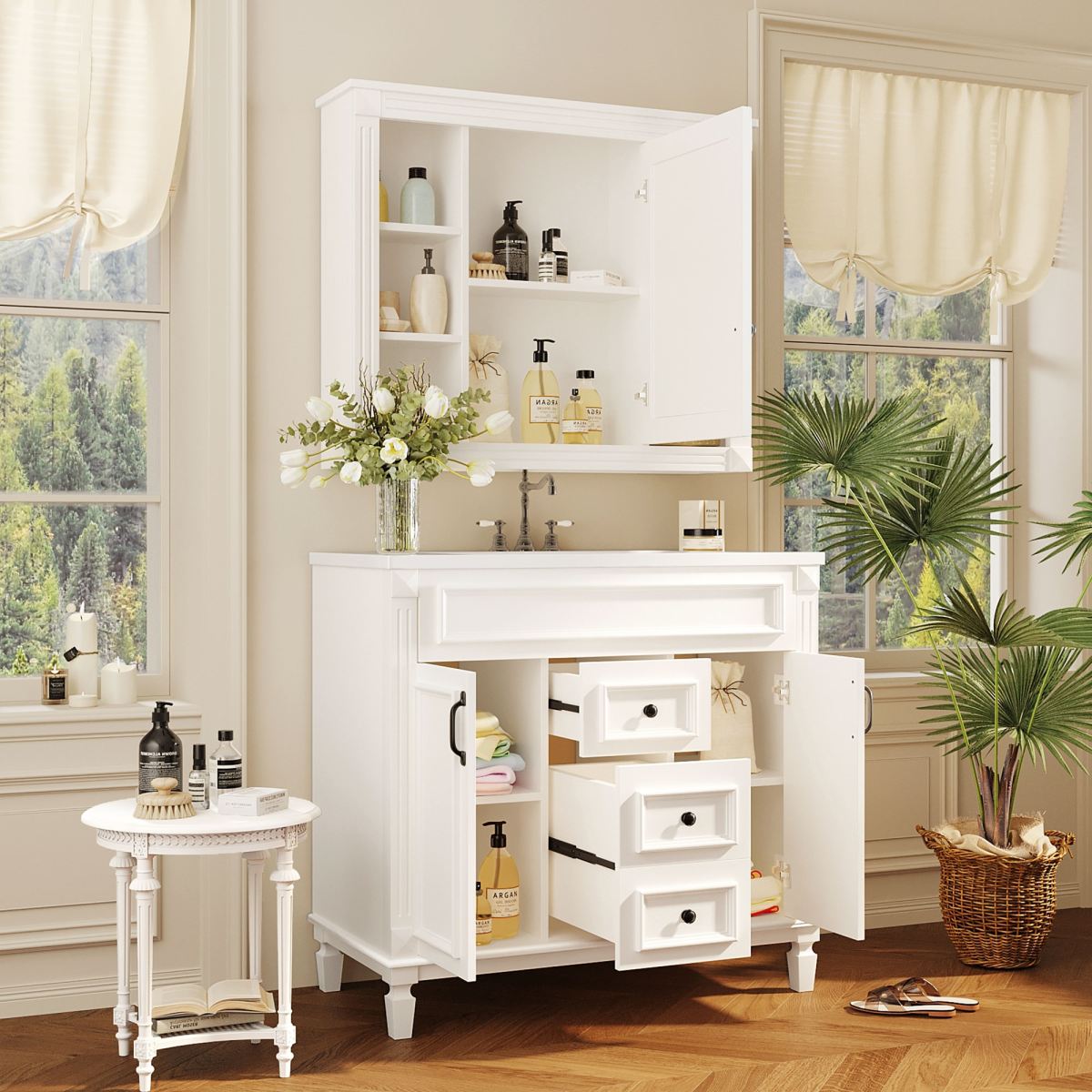 36'' Bathroom Vanity with Top Sink, Mirror Cabinet, Modern Bathroom Storage Cabinet with 2 Soft Closing Doors, Single Sink Bathroom Vanity