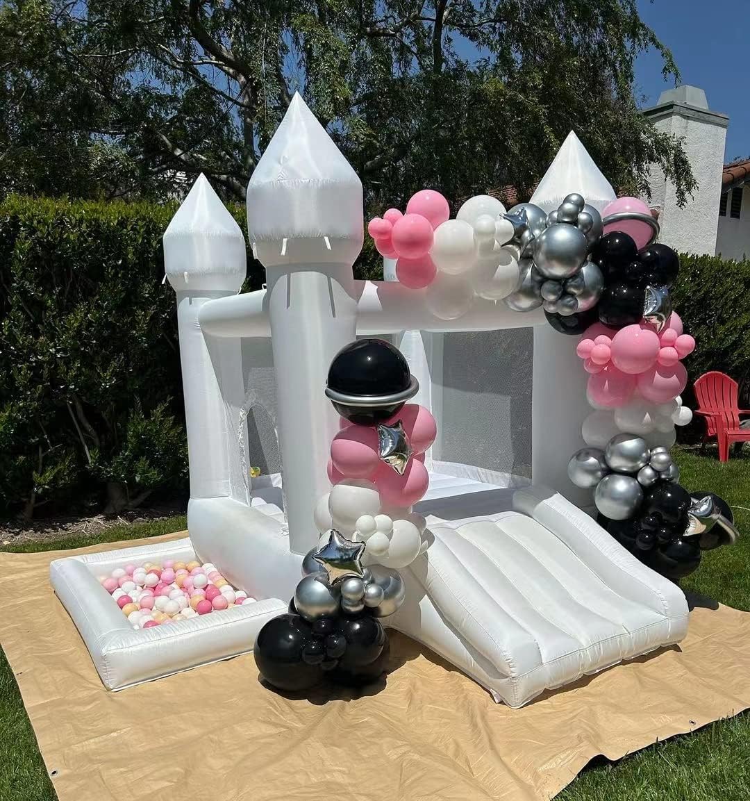White Bounce House, Castle Theme Kids Inflatable Trampoline With UL Blower, Durable And Easy To Set Up, Safe And Fun For Active Kids--Selling On Amazon Is Prohibited