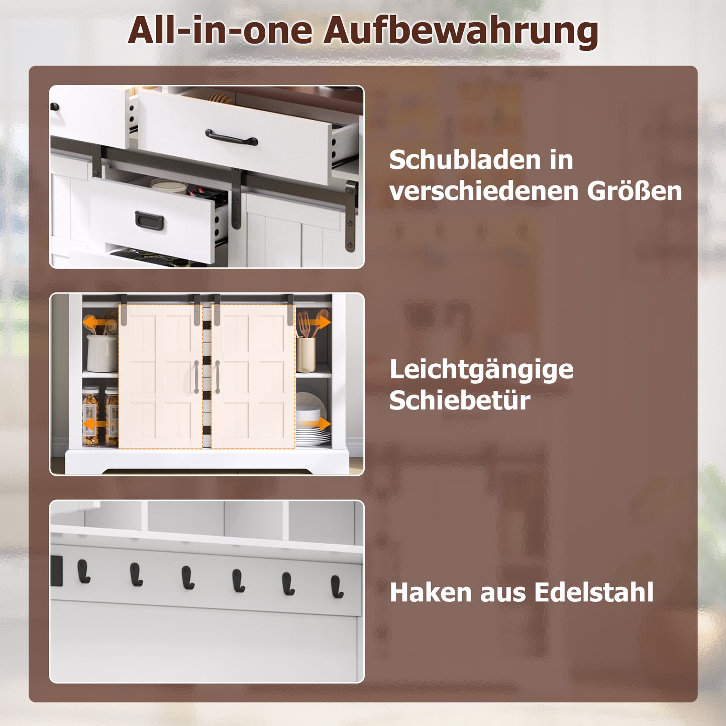 Kitchen Cabinet, Buffet Cabinet, Sideboard With Socket And LED Lighting, Kitchen Furniture With Worktop, 6 Drawers, Adjustable Shelves, Hooks, 180 X108 X40 Cm, White