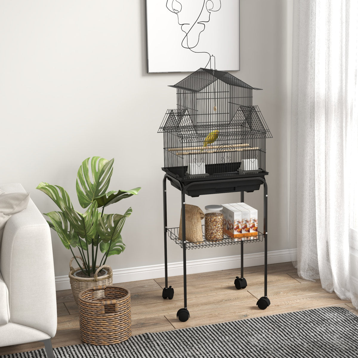 PawHut Metal Bird Cage With Plastic Swing, Perch, Food Container, Tray, Handle, For Finches, Canaries, Budgies, 43.5 X 33 X 121
