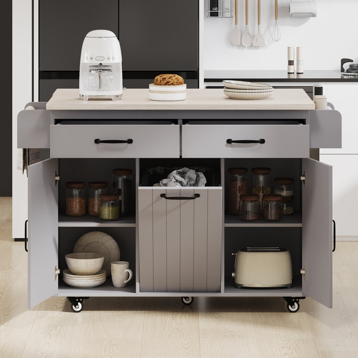 K&K Kitchen Island With Trash Can Storage Cabinet, Kitchen Cart With Drop Leaf, Spice Rack, Towel Rack And Drawer, Rolling Kitchen Island On Wheels With Adjustable Shelf, Grey