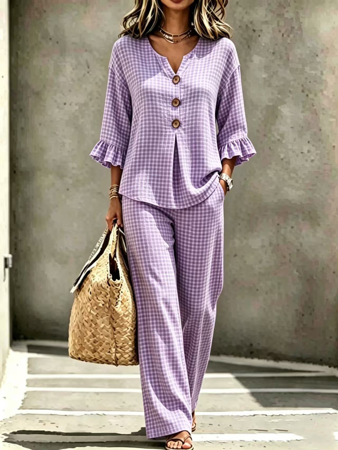 Womens New Casual Buttoned V-Neck Ruffled Hem Plaid Three-Quarter-Sleeve Top And Pants Set