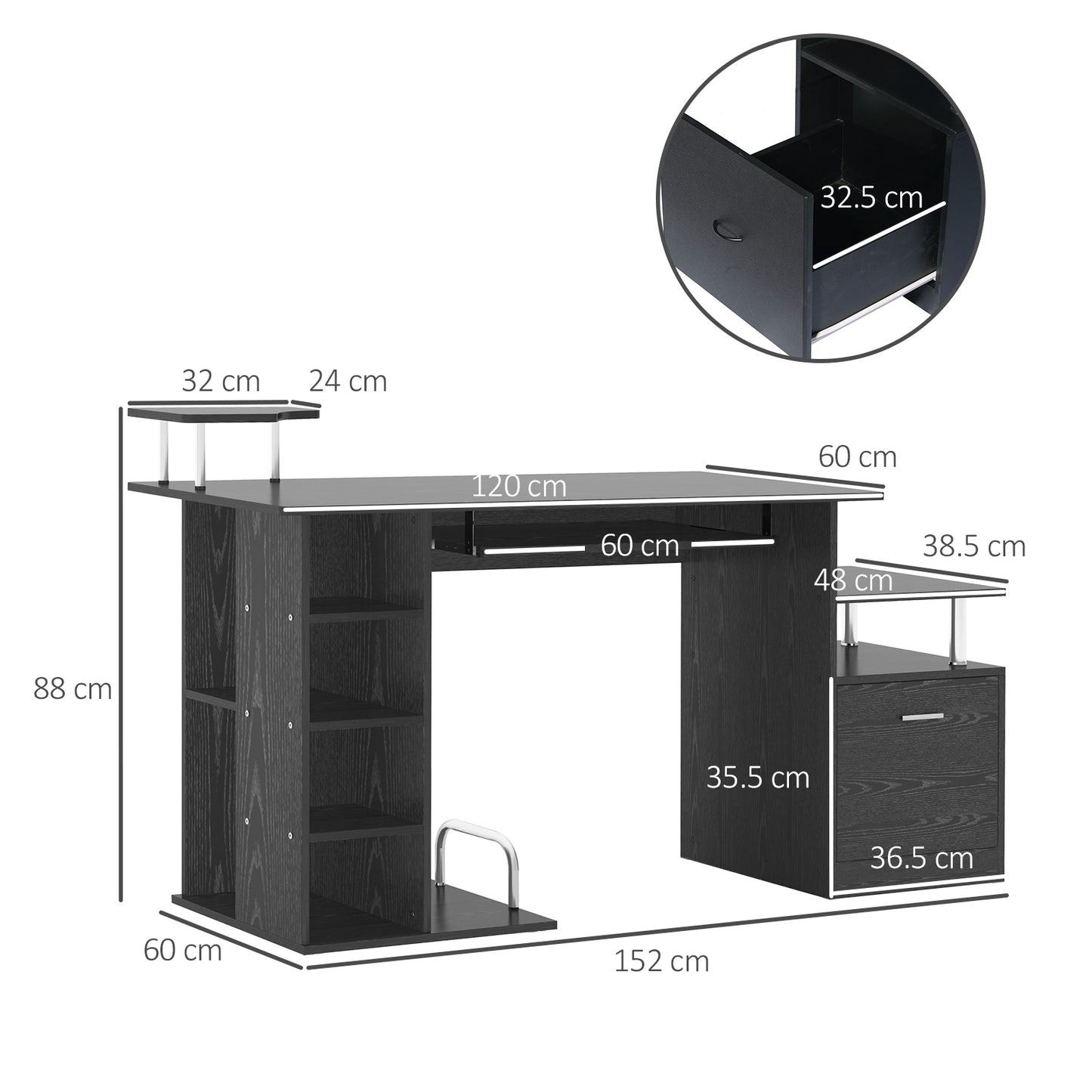 Computer Desk PC Workstation With Drawer Shelves CPU Storage Rack Home Office Furniture 152 X 60 X 88cm BLACK