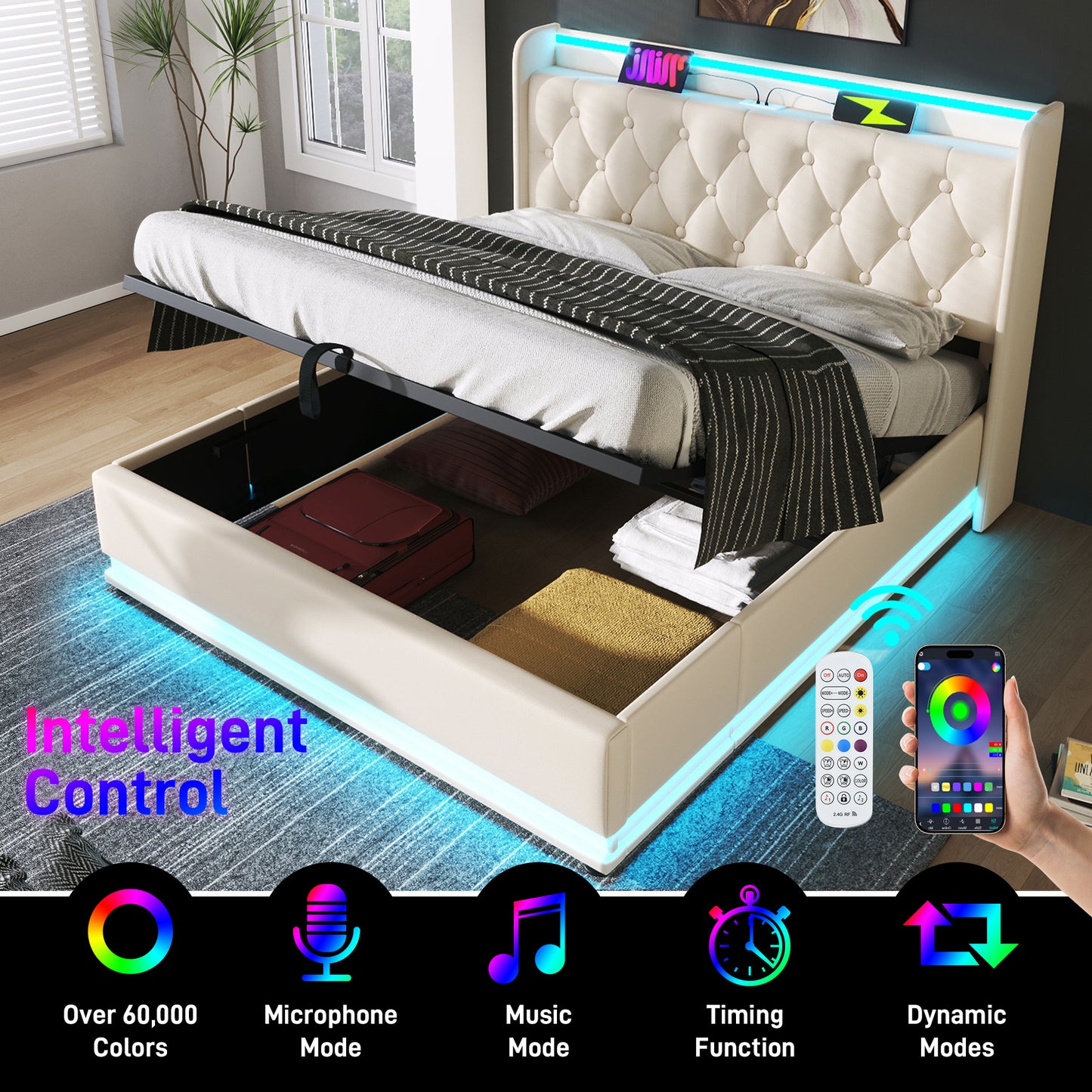 Upholstered Double Ottoman Bed With 360 Surround Led Function,Hydraulic Storage Bed Frame With Large Storage Space, 4ft6 Double Bed Frame With Charging Function,135 X190 ,PU, White