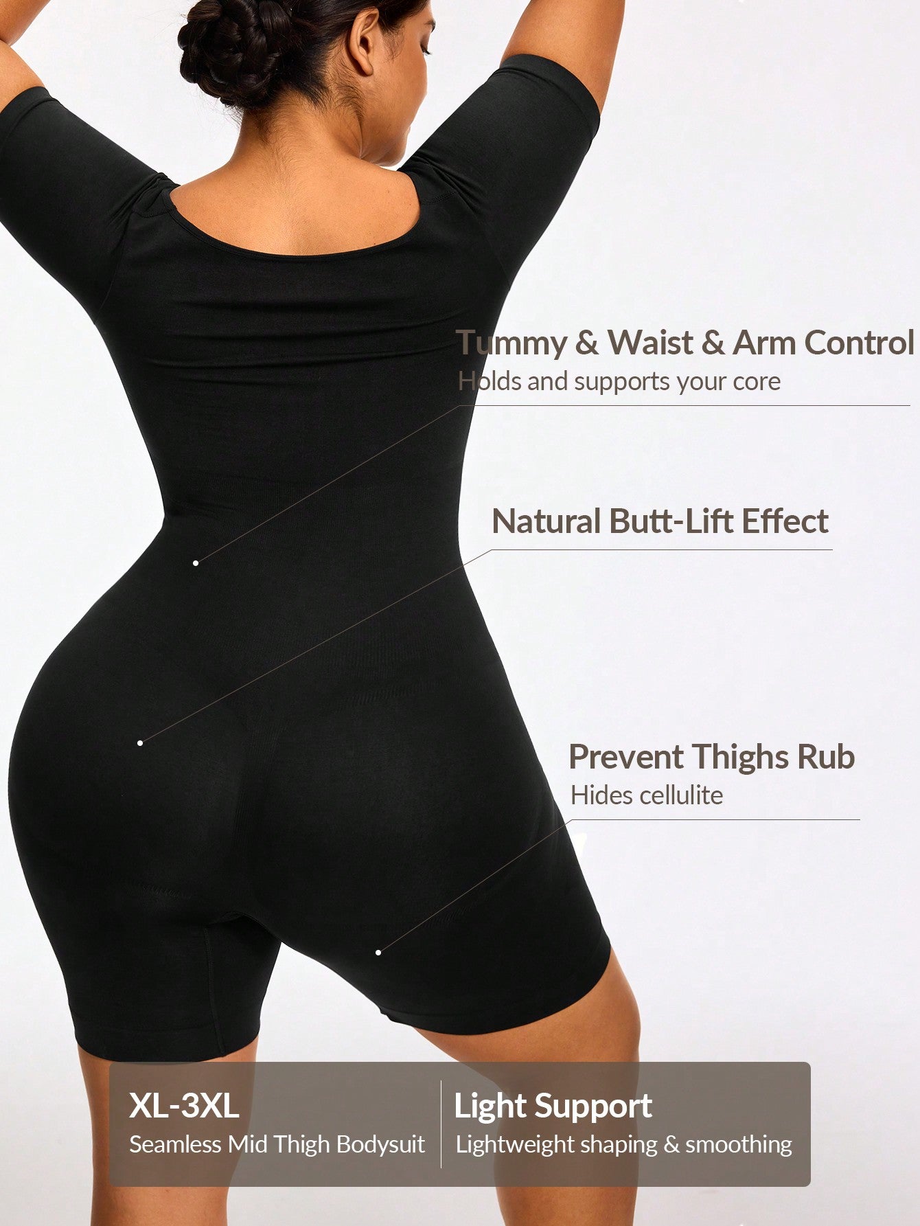 Full Body Shapewear Bodysuit With Short Sleeves Bust Lift Arm Control Tummy Waist Thigh Slimming
