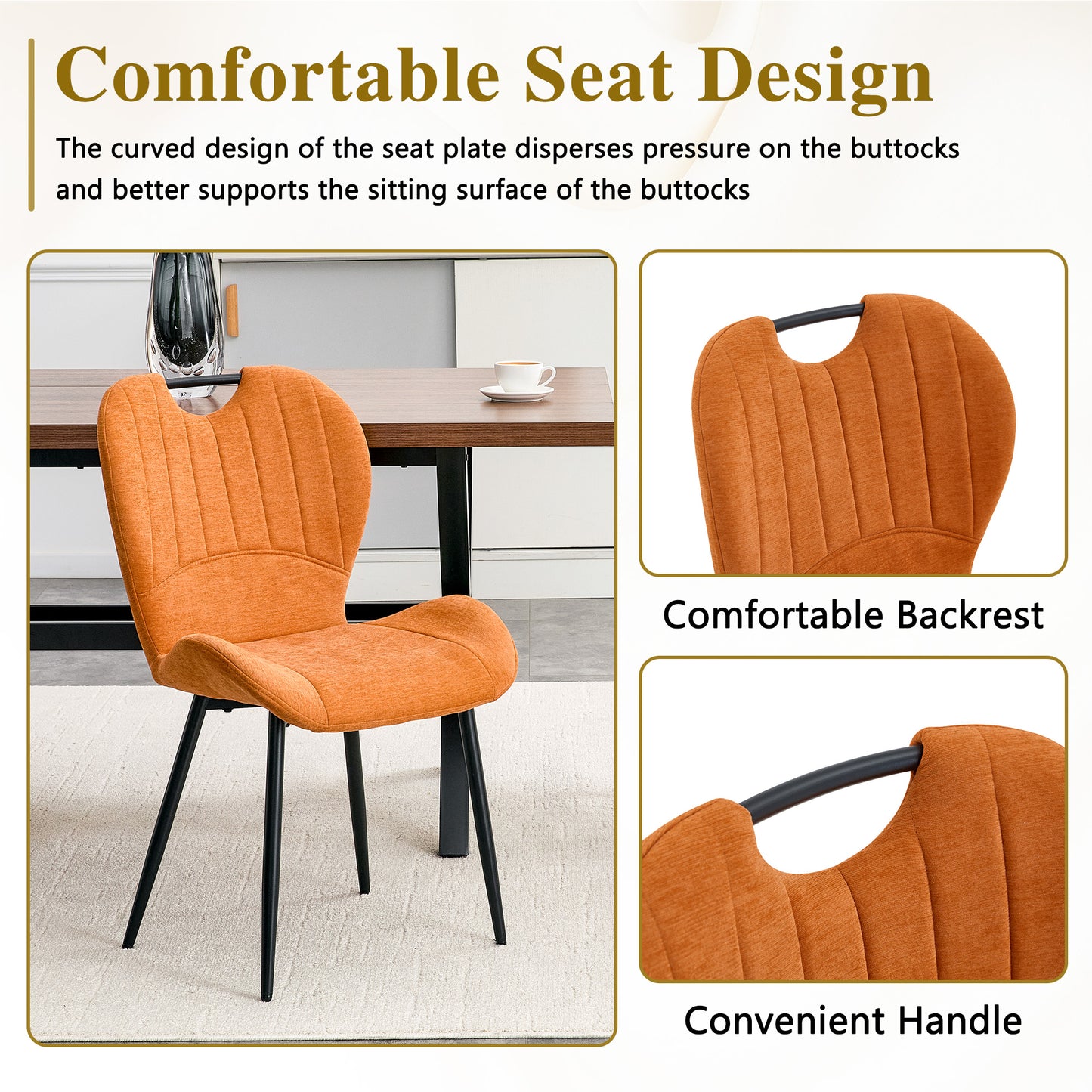 Set Of 4 Orange Fabric Dining Chairs With Integrated Handle.Black Metal Frame, Adjustable Leveling Feet. Home Dining Chairs With Extra-Wide Comfortable Cushion, Versatile For Study Or Vanity Use.