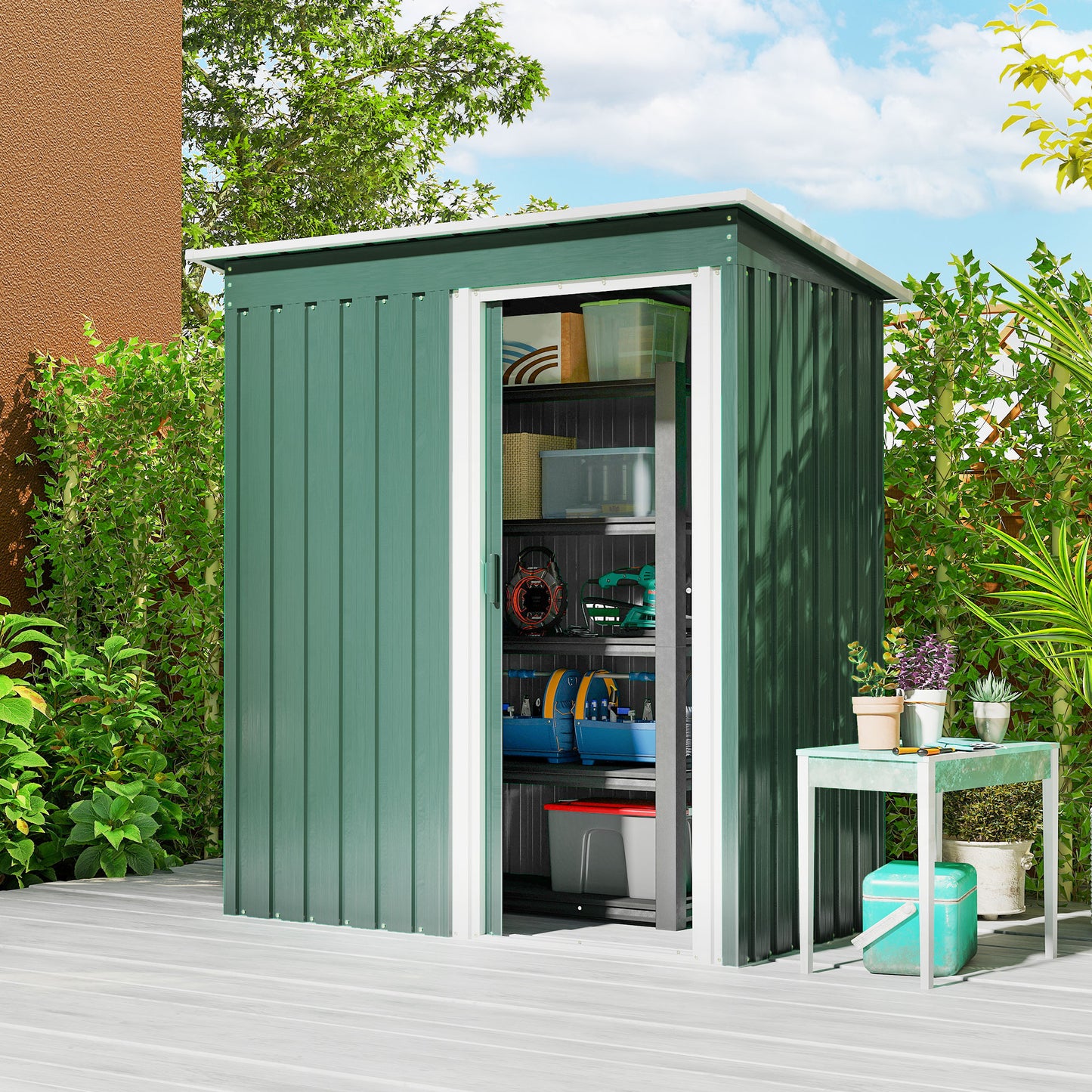 5 X 3ft Garden Storage Shed With Sliding Door And Sloped Roof Outdoor Equipment Tool, Green