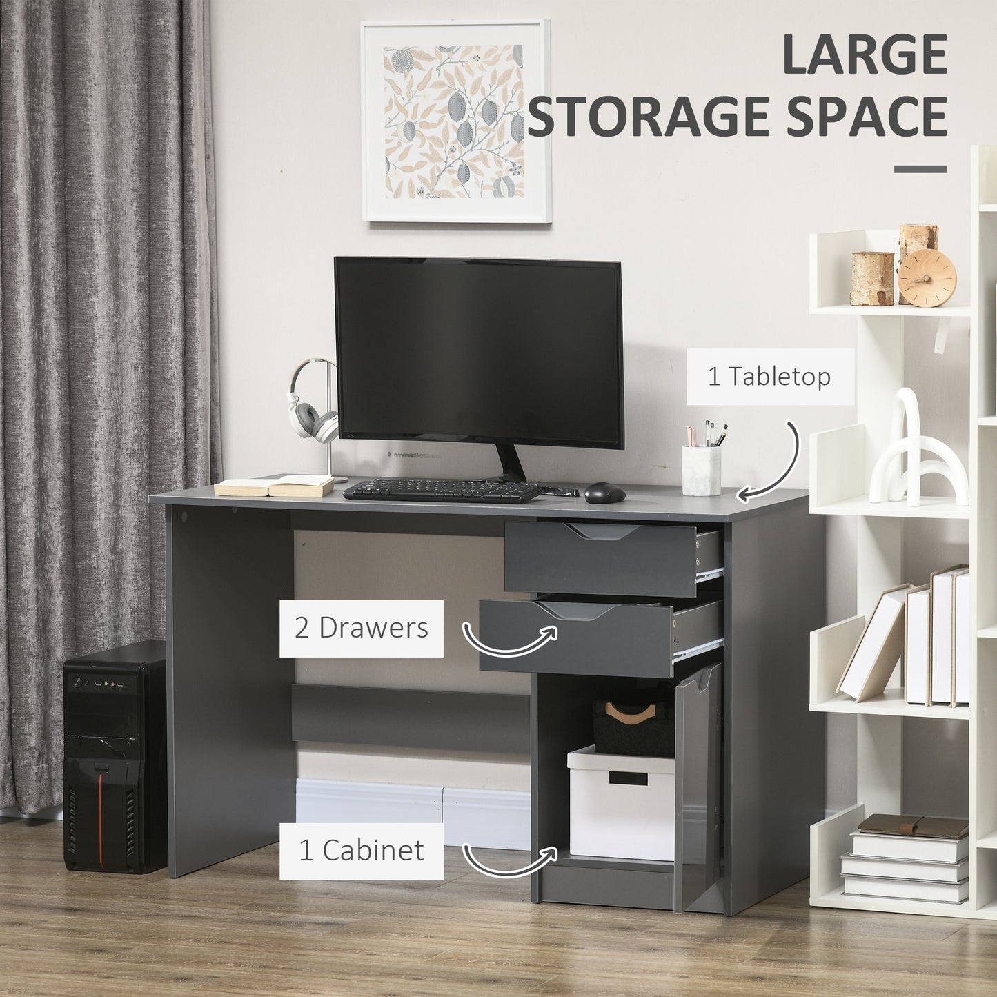Computer Desk With Drawers, High Gloss Home Office Desk With Storage Cabinet, Study Workstation, 120 X 60cm, Grey