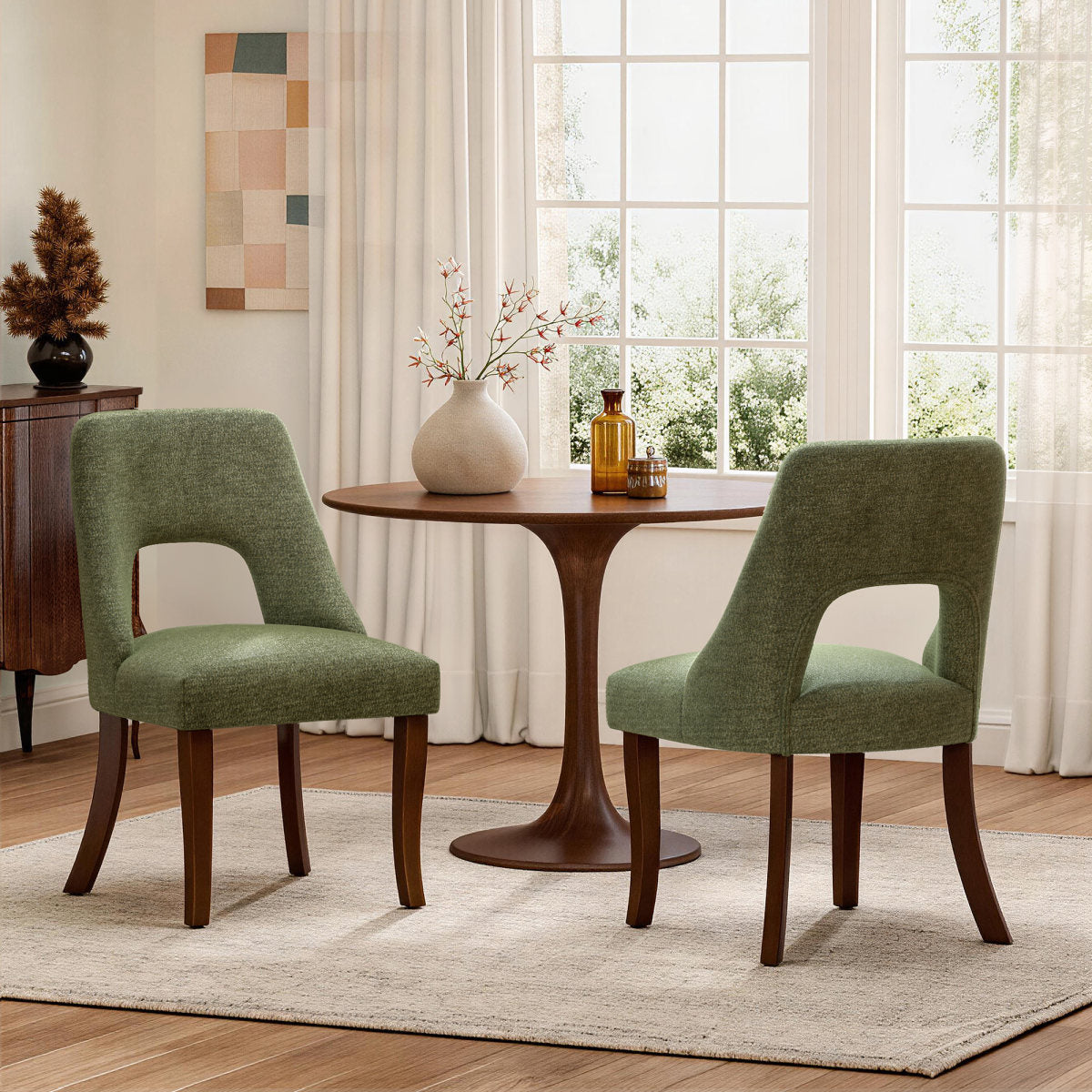Dining Chair Set of 2,Upholstered Chenille Fabric Dining Chair Curved Solid Wood Legs, Elegant Tufted Club Dining Room Kitchen Room Dining Chair,Green