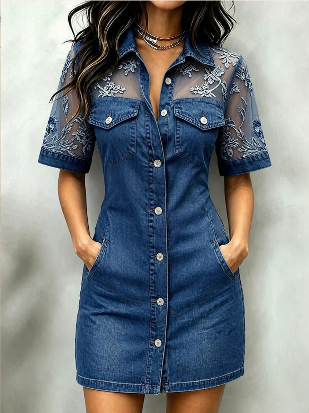 Womens Fashion Casual Patchwork Lace Denim Mini Dress