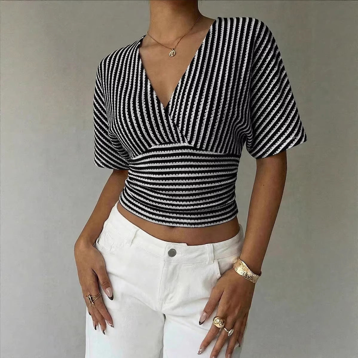 V-neck Knitted Fashion Casual Womens Striped