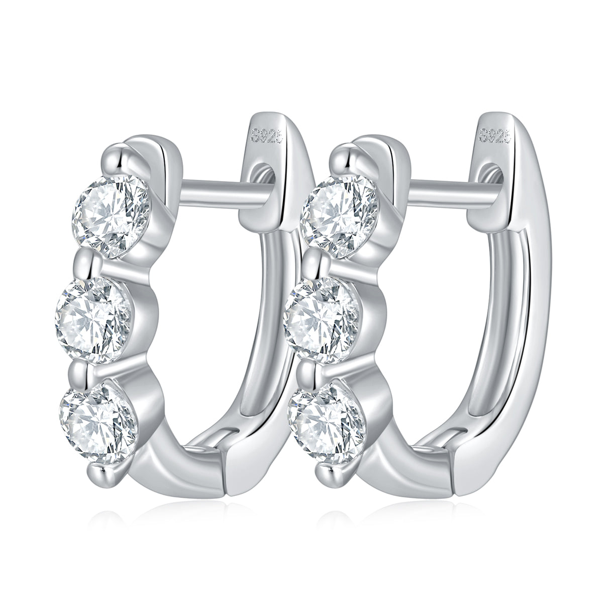 S925 Sterling Silver 3-Stone Moissanite Hoop Earrings For Women  Round Cut Huggie Hoop With GRA Certificate Platinum Plated Jewelry Gift Box Set