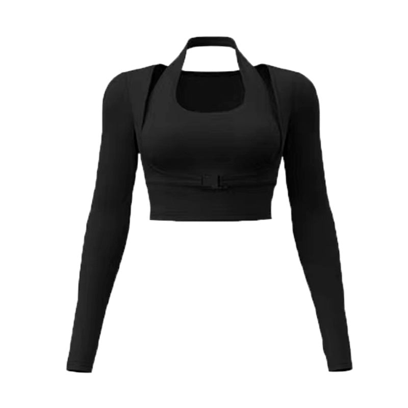 Womens Yoga Fitness Top With Built-in Padded Bra AutumnWinter Fake Two-Piece Long-Sleeve Top