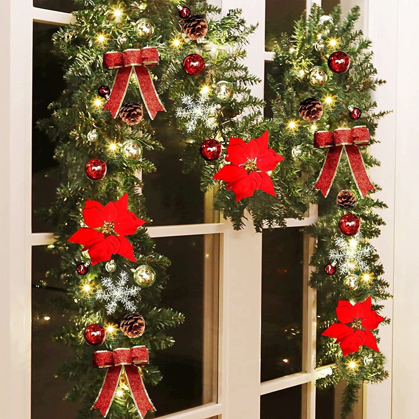 9FT Xmas Christmas Garland Artificial Wreath With LED Lights Stairs Home Rattan Red