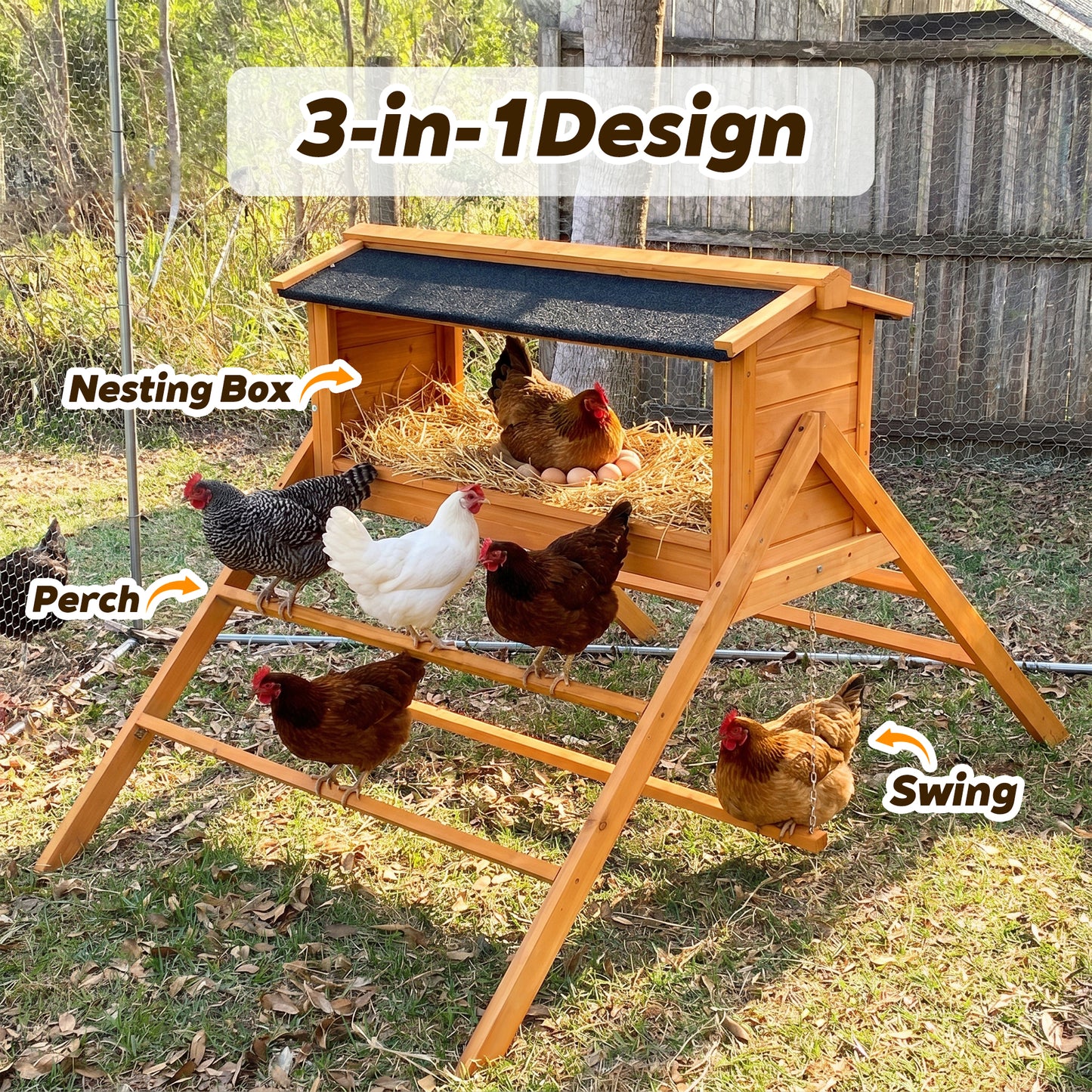 Chicken Nesting Box With Asphalt Roofing, Chicken Perch For Coop, Nesting Boxes With Chicken Swing, Chicken Coop Accessories For Hens Or Chickens