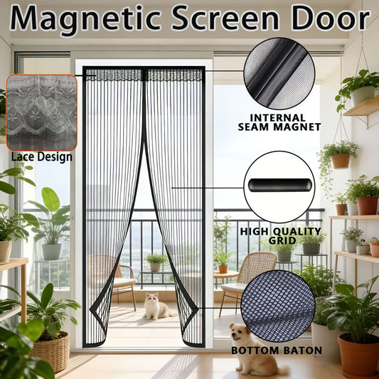Black Magnetic Door Curtain With Storage Strap, Breathable Mosquito-proof Summer Screen Door Curtain For Home Living Room, Bedroom, And Kitchen Decoration, No-drill Installation, Hands-free, Magnetic