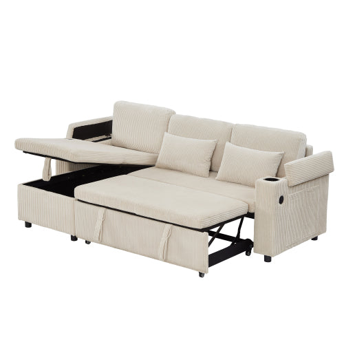3 In 1 Convertible Corduroy Sofa Bed With Storage Chaise, L Shaped Sleeper Sofa Couches With Armrest Storage And Charging Station. Pullout Sectional Daybed For Living RoomBedroomOffice, Grey