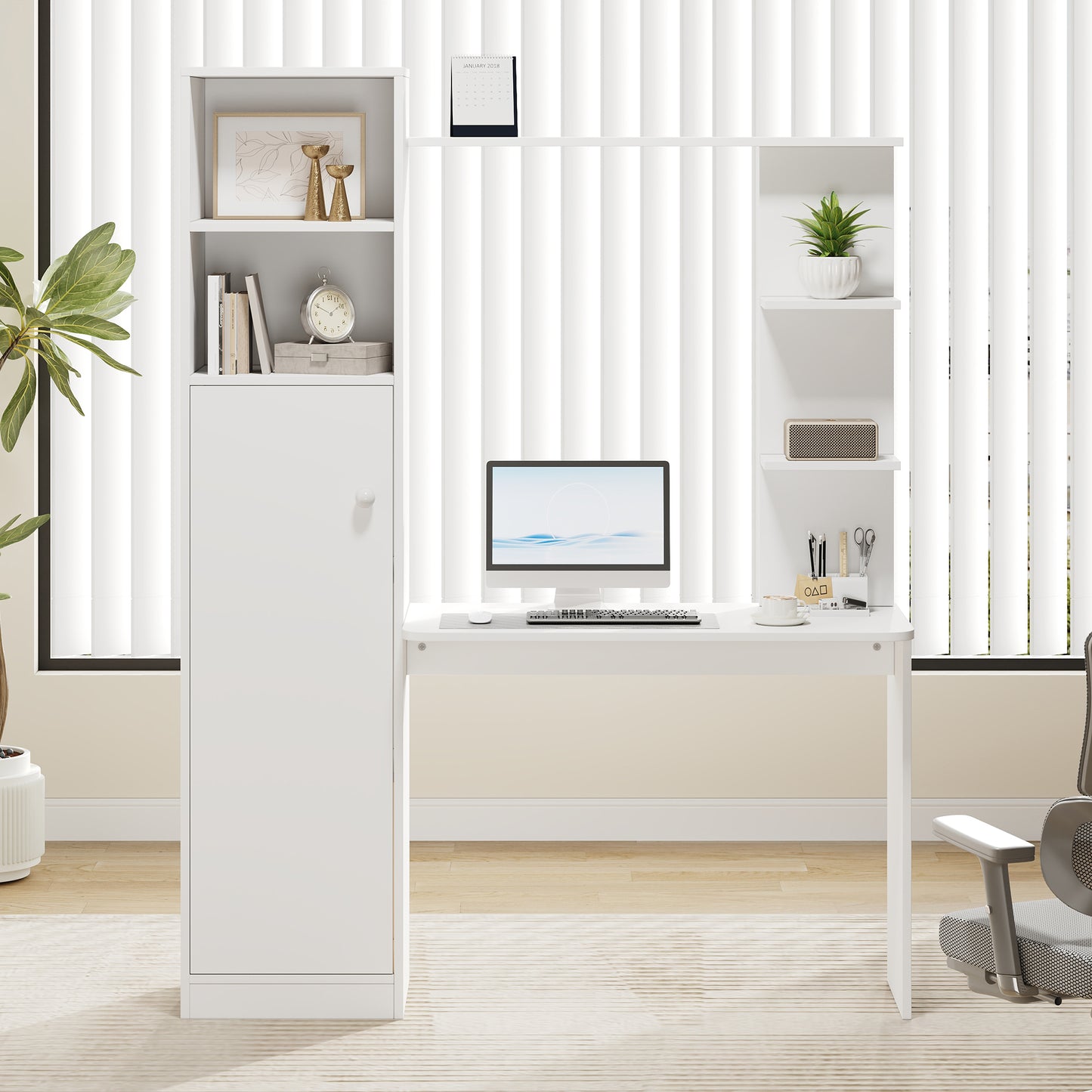 Office Desk, With Cabinet And Storage Shelf, Modern Office Design, 123,5 X 45 X 168,5 Cm, White