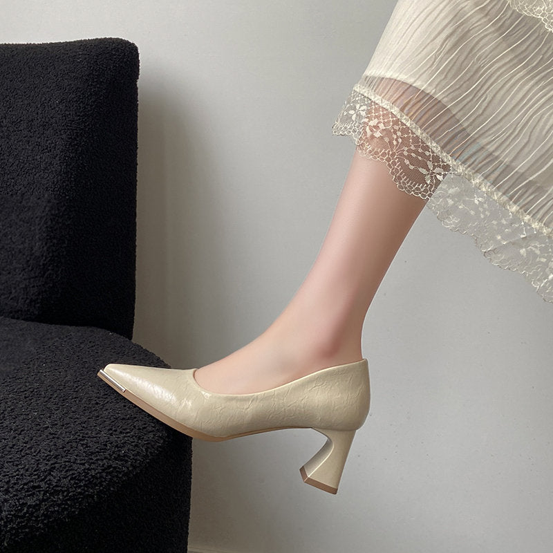 Women's Vintage Silver Pointed Toe Block Heel Pumps, 2026 Spring New French Style Comfortable Dress Shoes