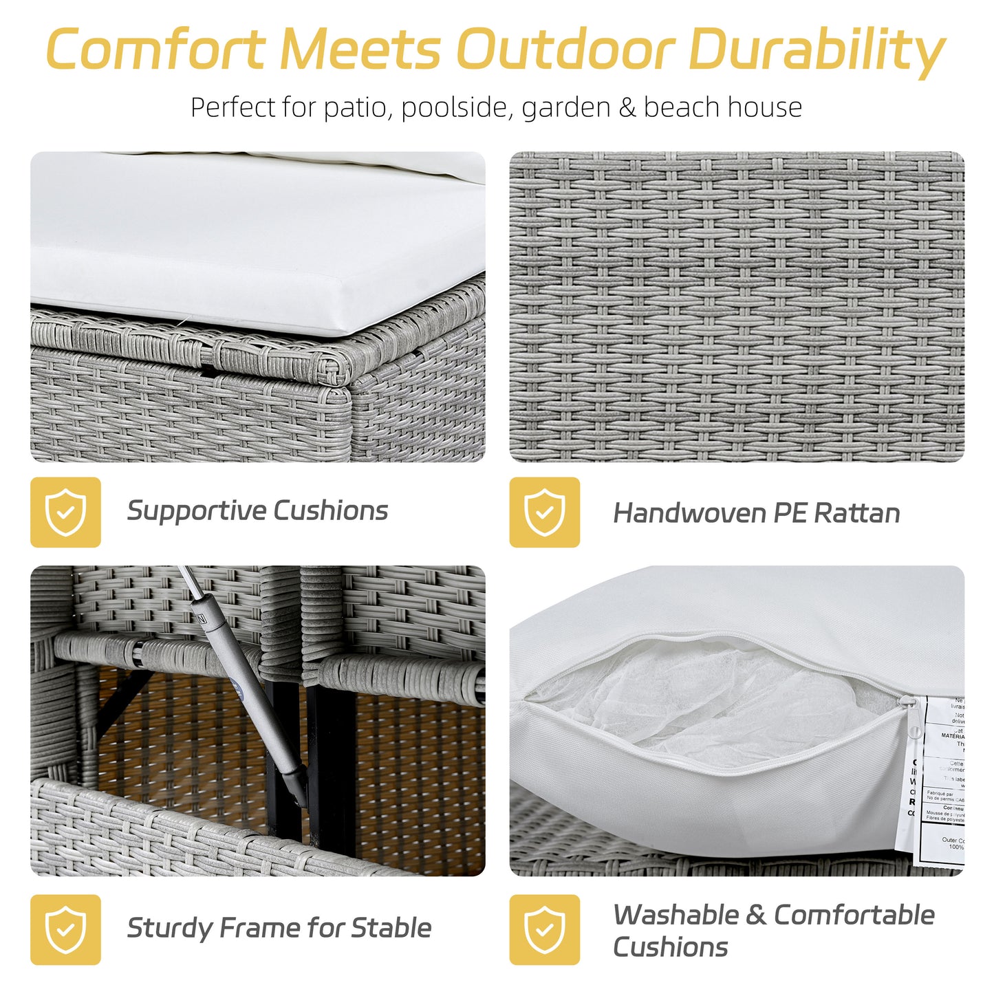 TOMAX 5-Piece Outdoor Patio Rattan Sofa Set, Sectional PE Wicker L-Shaped Garden Furniture Set With 2 Extendable Side Tables, Dining Table And Washable Covers For Backyard, Poolside, Indoor, White