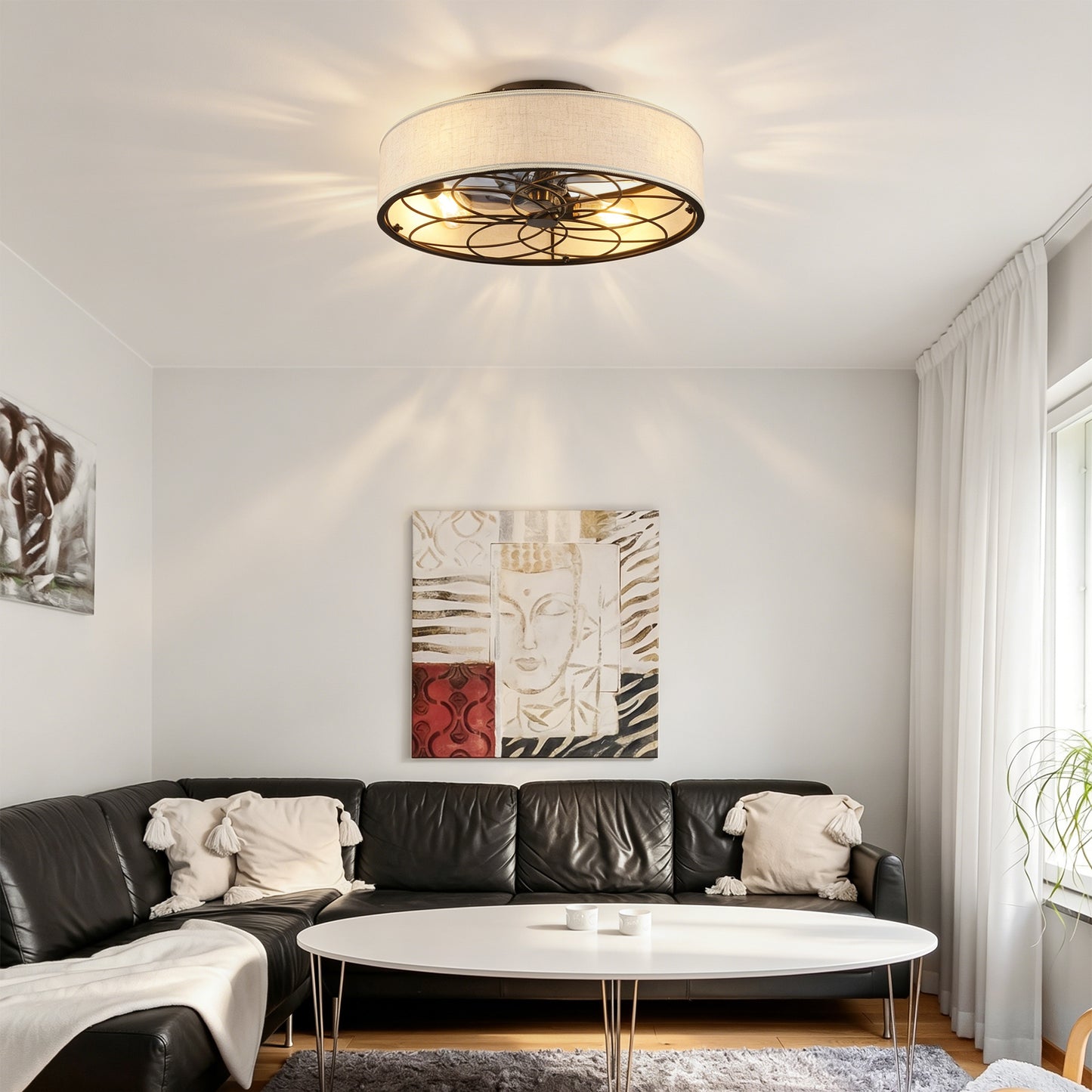 20   Low Profile Fabric Farmhouse Bladeless Ceiling Fan With Remote Control,Low Profile Modern Enclosed Ceiling Fans With Reversible Motor For Living Room, Bedroom,Kitchen--NOT INCLUDED BULBS