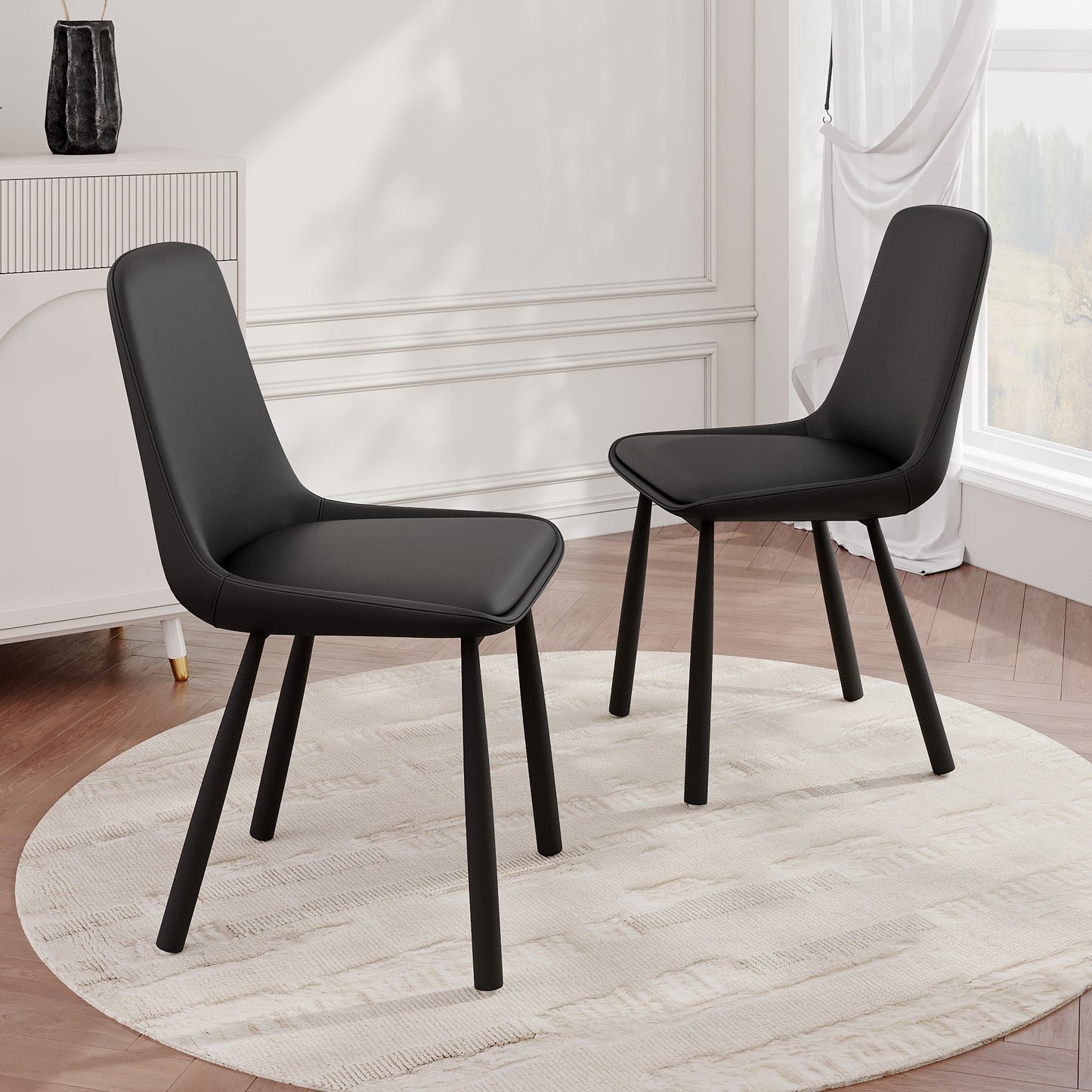 Modern Minimalist Black Faux Leather Dining Chairs Set Of 2, Iron Legs, Nordic Style Upholstered Backrest Chairs For Kitchen & Living Room